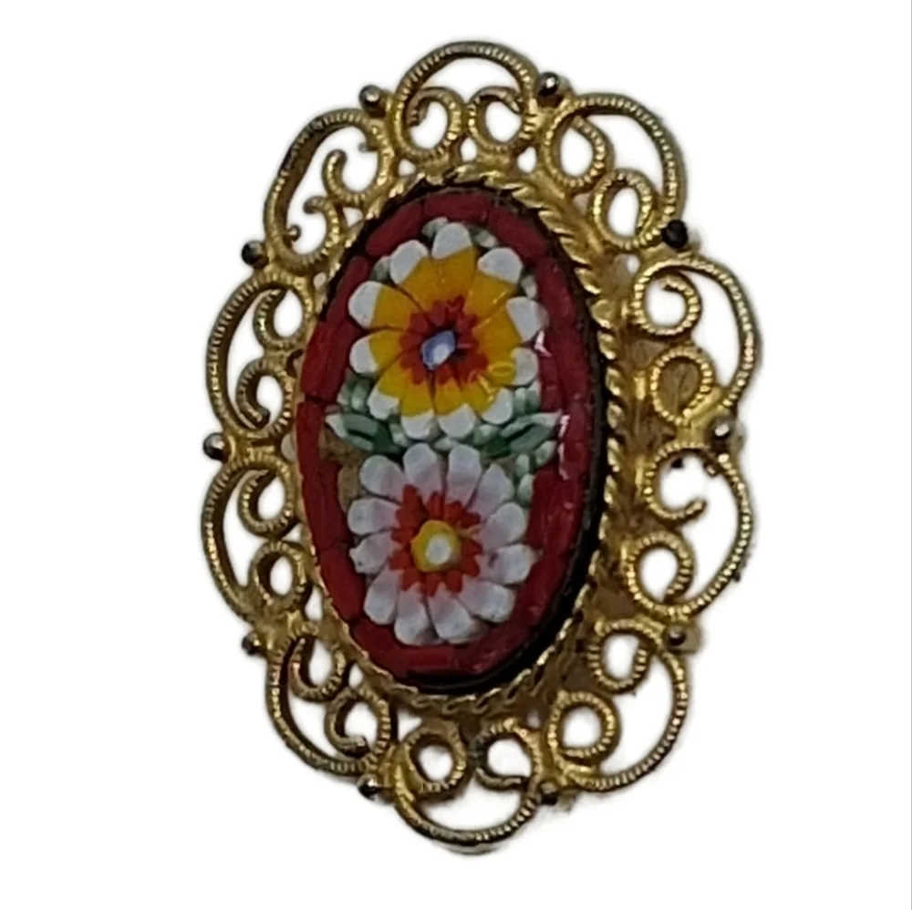 Vintage Italian Micro Mosaic Floral Brooch - Intricate Gold Tone Scroll Frame